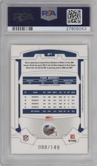 Tom Brady from the 2008 Leaf Rookies & Stars Longevity set featuring a Sapphire parallel graded by PSA and given an overall grade of 10.