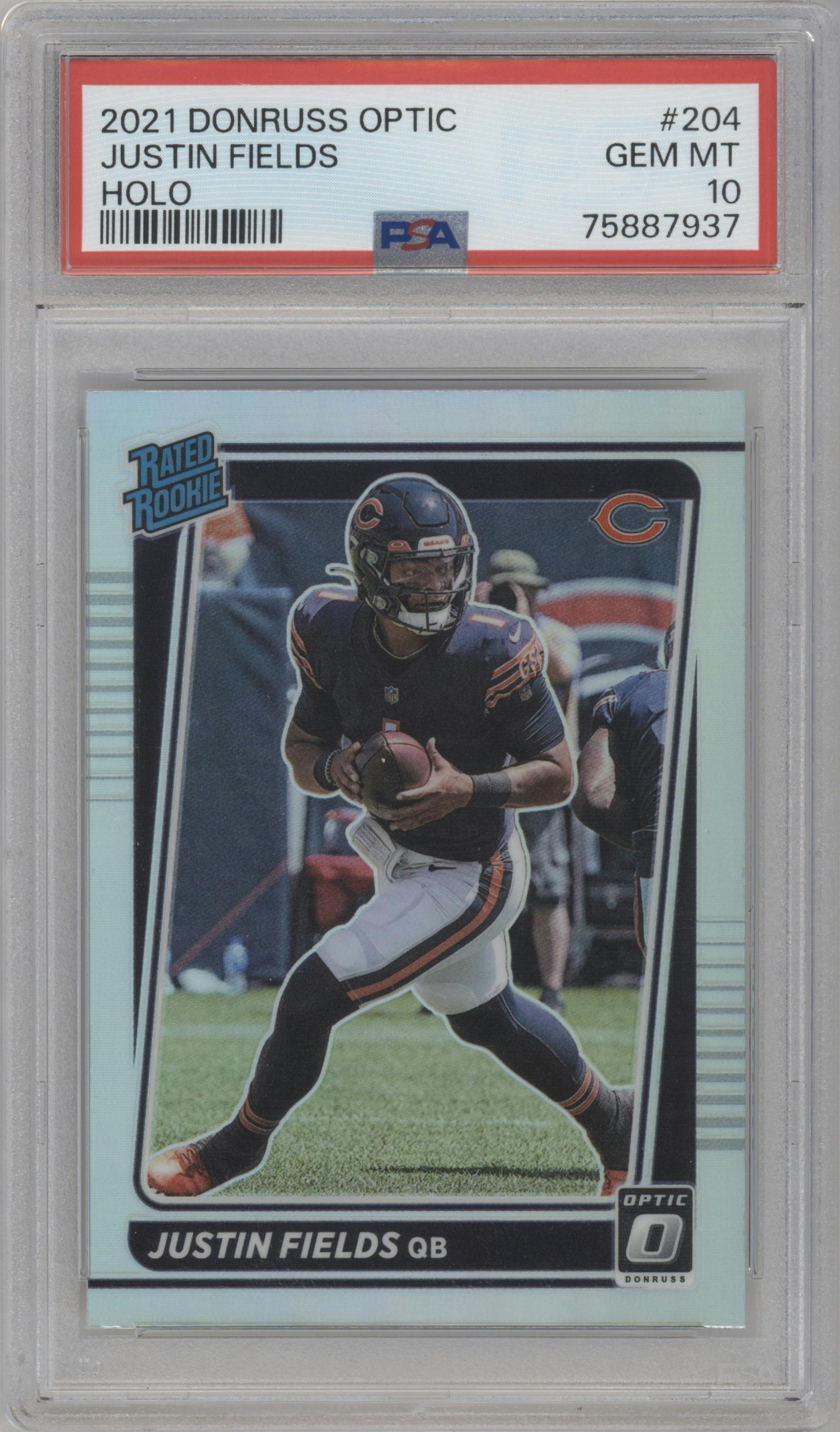 Justin Fields from the 2021 Panini Donruss Optic set featuring a Holo parallel graded by PSA and given an overall grade of 10.