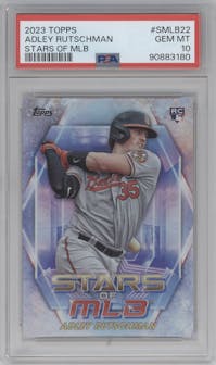 Adley Rutschman from the 2023 Topps set graded by PSA and given an overall grade of 10.