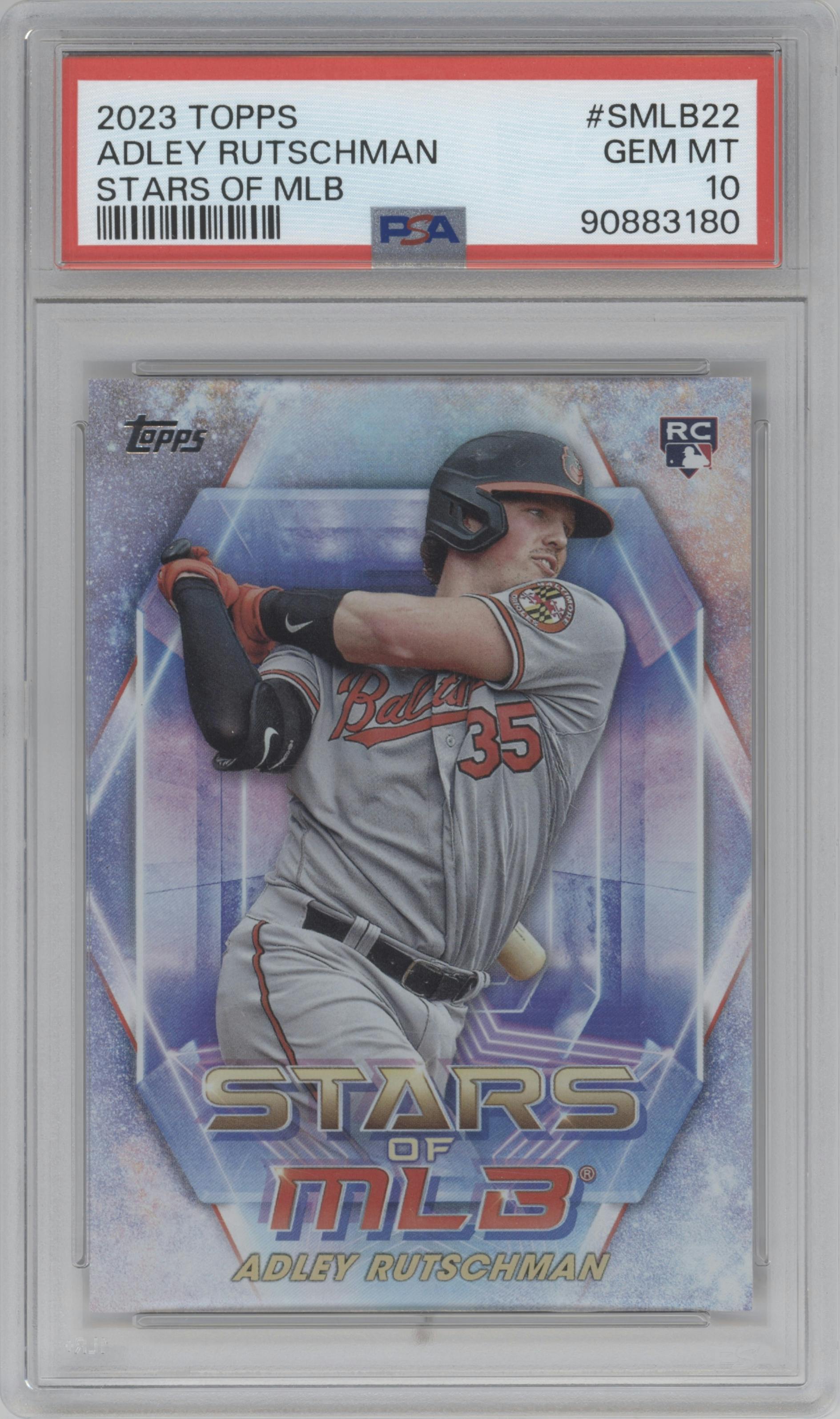 Adley Rutschman from the 2023 Topps set graded by PSA and given an overall grade of 10.