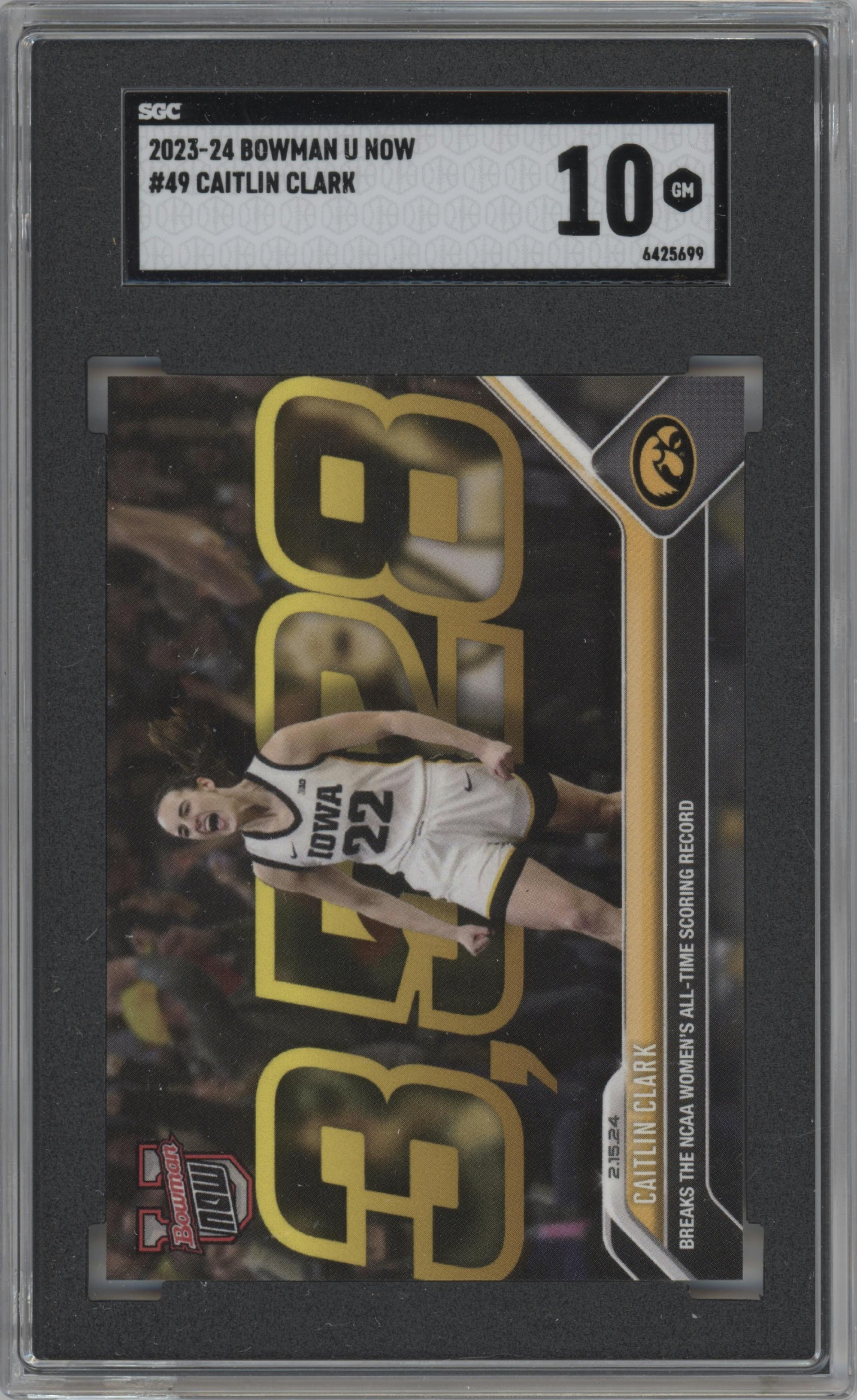 Caitlin Clark from the 2023-24 Bowman U Now set graded by SGC and given an overall grade of 10.