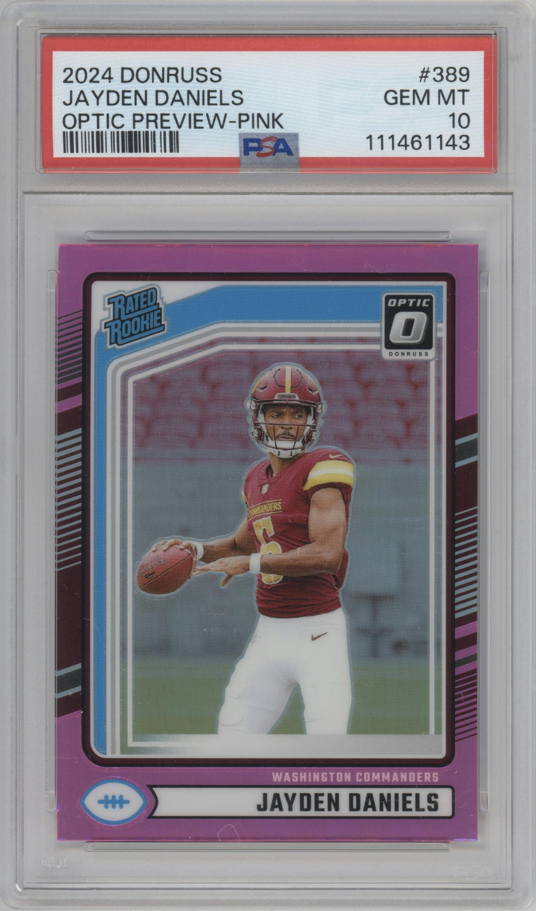 Jayden Daniels from the 2024 Donruss set featuring a Pink parallel graded by PSA and given an overall grade of 10.