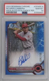 Ricardo Cabrera from the 2022 Bowman Chrome set featuring a HTA Choice parallel graded by PSA and given an overall grade of 10.