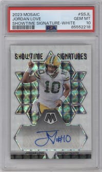 Jordan Love from the 2023 Panini Mosaic set featuring a White parallel graded by PSA and given an overall grade of 10.