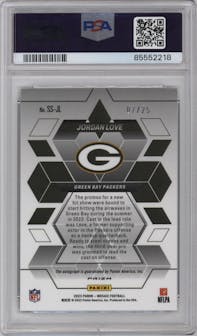 Jordan Love from the 2023 Panini Mosaic set featuring a White parallel graded by PSA and given an overall grade of 10.