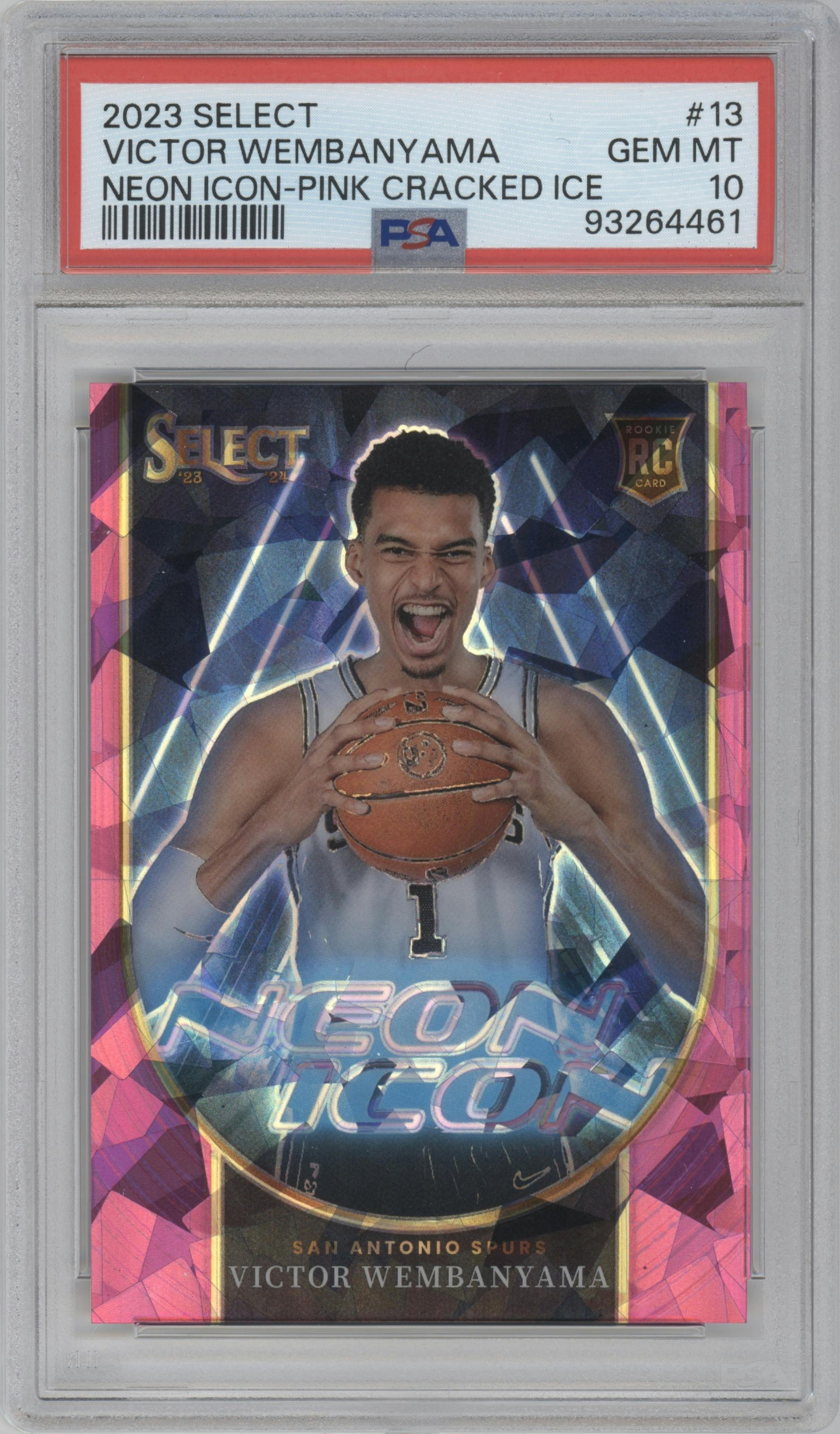 Victor Wembanyama from the 2023-24 Panini Select  set featuring a Pink Cracked Ice parallel graded by PSA and given an overall grade of 10.