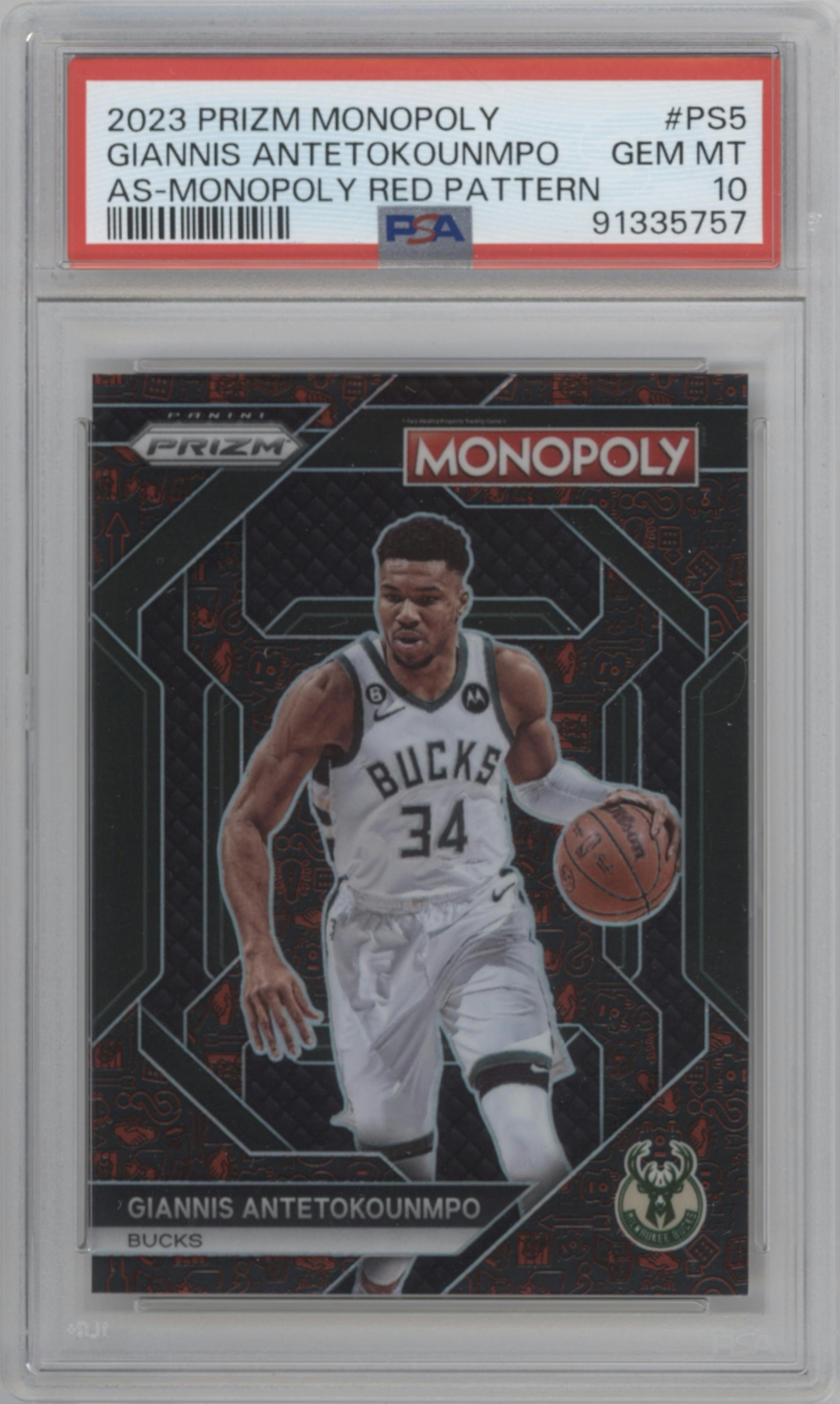 Giannis Antetokounmpo from the 2023-24 Panini Prizm Monopoly set featuring a Red Monopoly Pattern parallel graded by PSA and given an overall grade of 10.