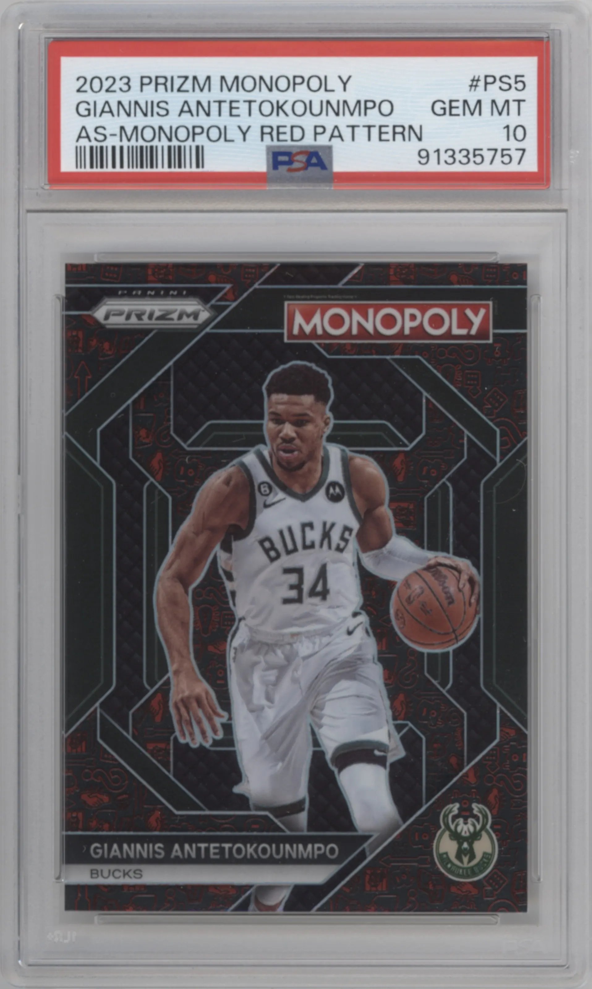 2023 Panini Prizm Monopoly All-Star Giannis Antetokounmpo Red Monopoly Pattern PSA 10