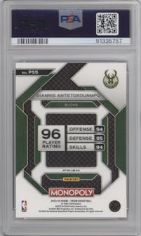 Giannis Antetokounmpo from the 2023-24 Panini Prizm Monopoly set featuring a Red Monopoly Pattern parallel graded by PSA and given an overall grade of 10.