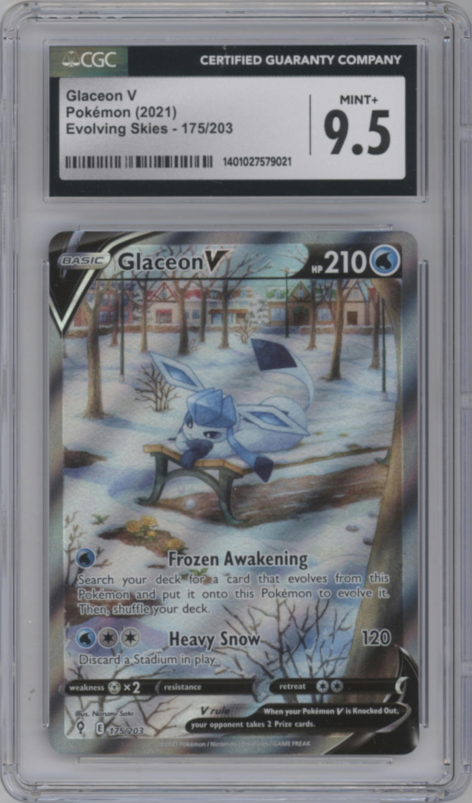 Glaceon V from the 2021 Pokemon SWSH set graded by CSG and given an overall grade of 9.5.