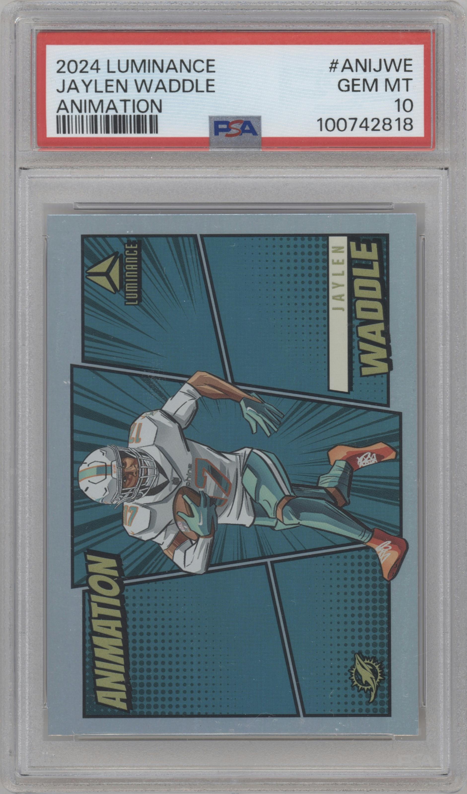Jaylen Waddle from the 2024 Panini Luminance set graded by PSA and given an overall grade of 10.