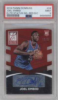 Joel Embiid from the 2014-15 Panini Donruss  set featuring a Die-Cut Red parallel graded by PSA and given an overall grade of 9.