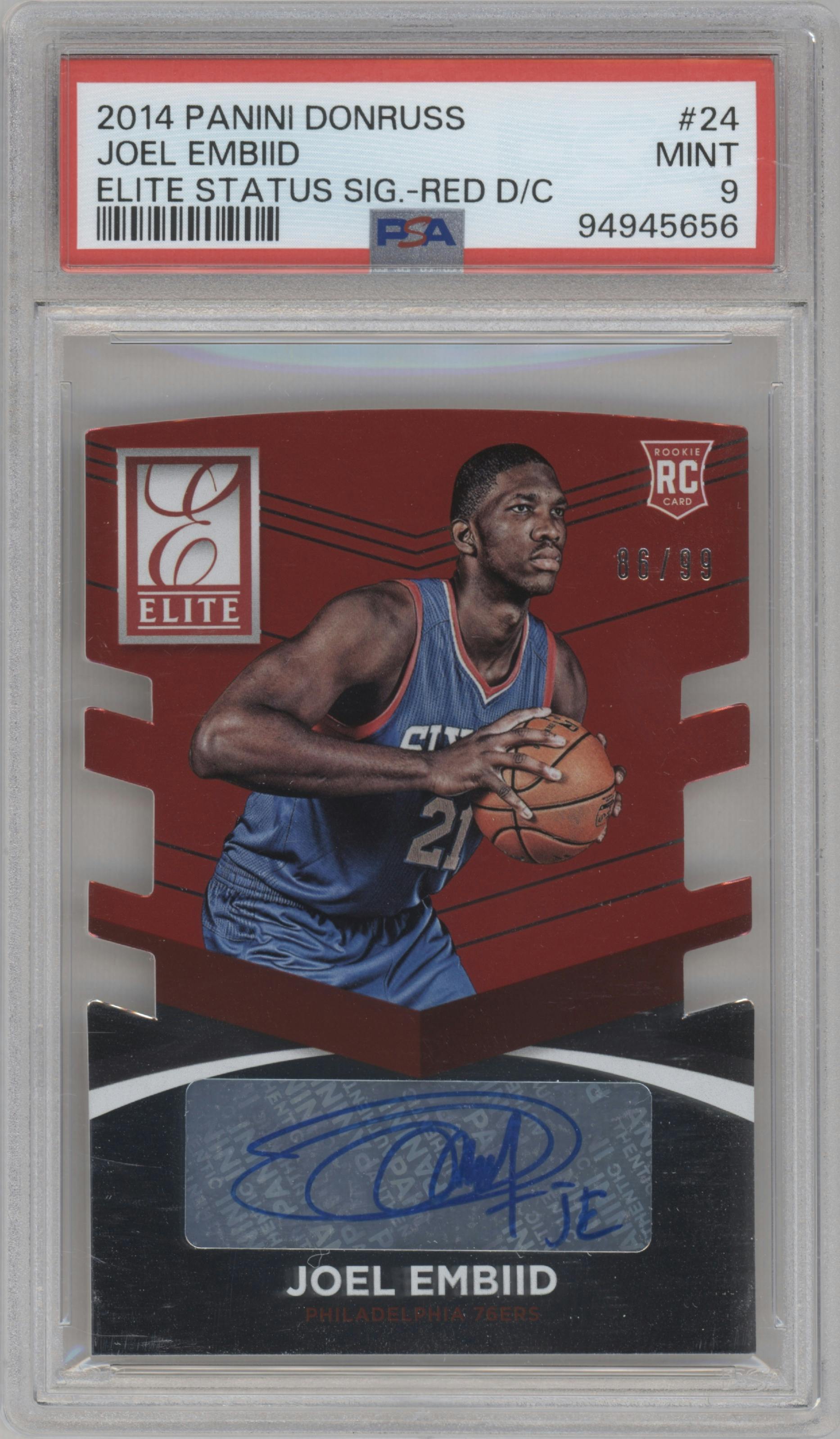 Joel Embiid from the 2014-15 Panini Donruss  set featuring a Die-Cut Red parallel graded by PSA and given an overall grade of 9.