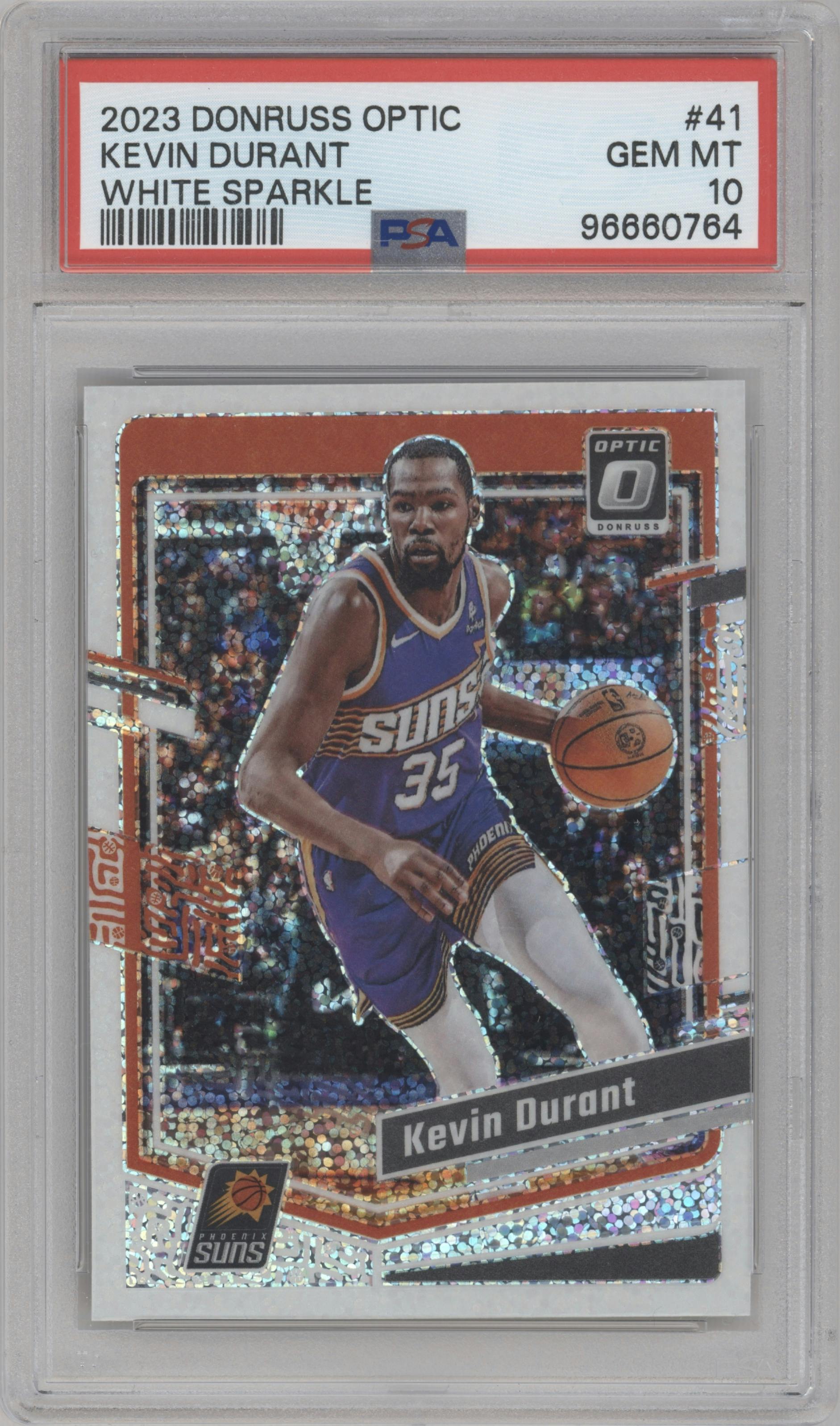 Kevin Durant from the 2023-24 Donruss Optic set featuring a White Sparkle parallel graded by PSA and given an overall grade of 10.