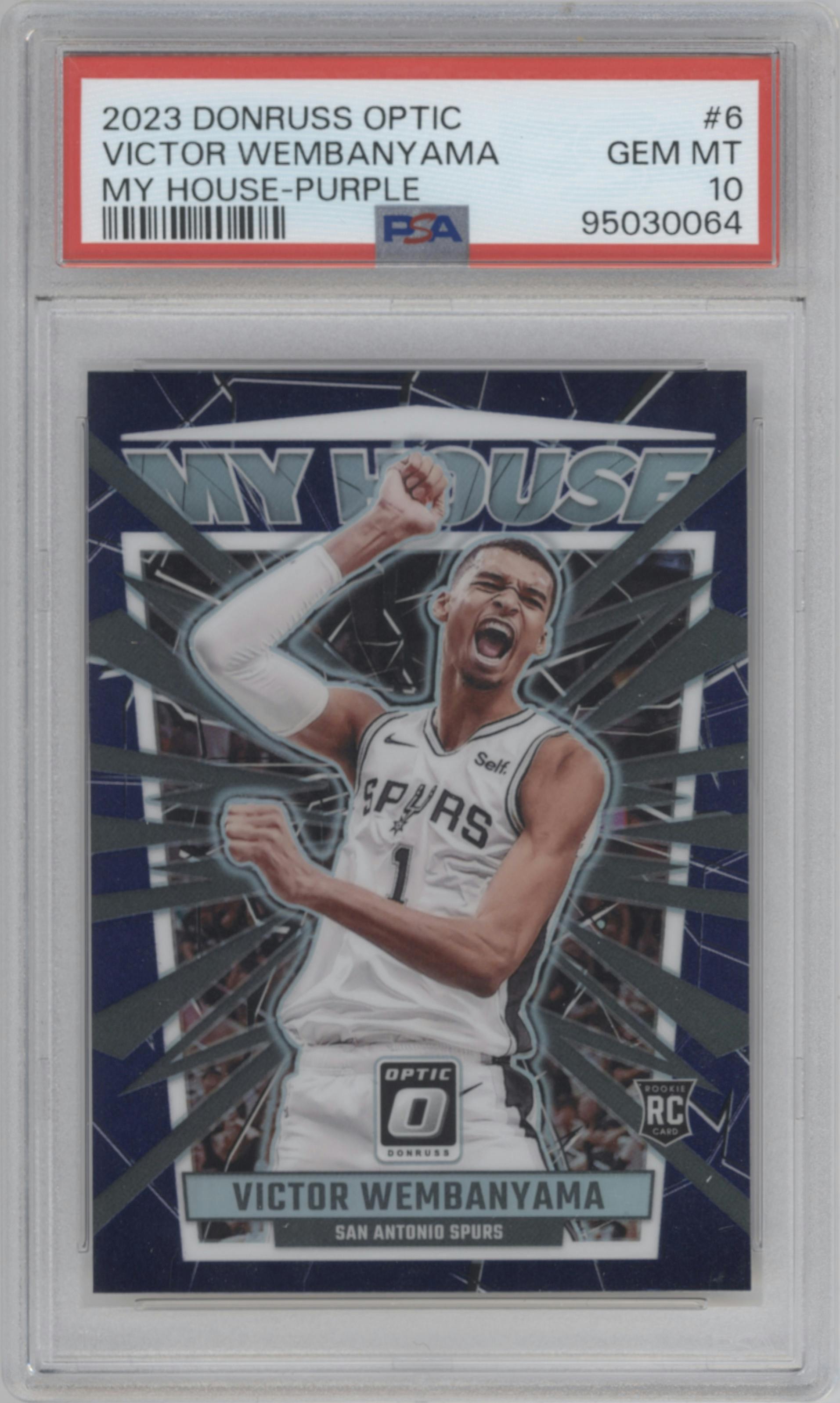 Victor Wembanyama from the 2023-24 Donruss Optic set featuring a Purple parallel graded by PSA and given an overall grade of 10.