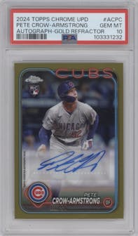 Pete Crow-Armstrong from the 2024 Topps Chrome Update set featuring a Gold Refractor parallel graded by PSA and given an overall grade of 10.