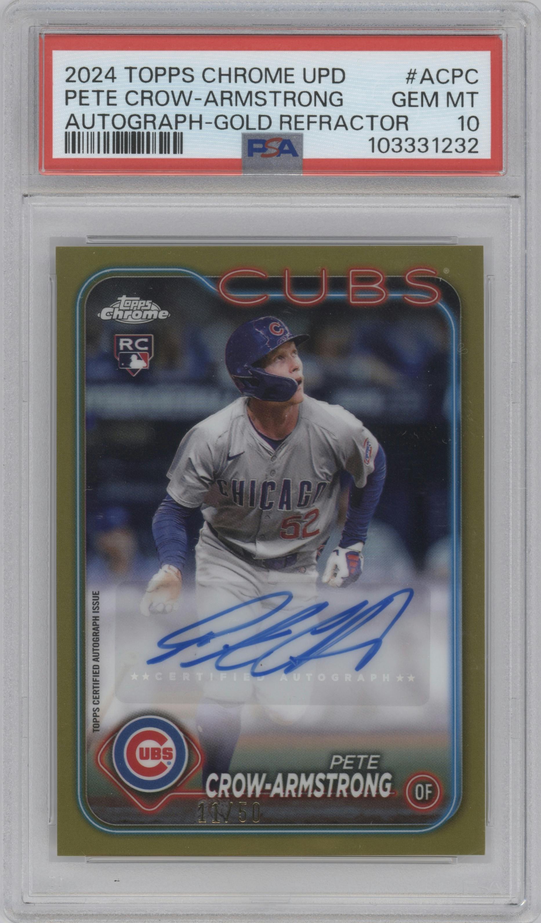 Pete Crow-Armstrong from the 2024 Topps Chrome Update set featuring a Gold Refractor parallel graded by PSA and given an overall grade of 10.