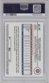 Pete Crow-Armstrong from the 2024 Topps Chrome Update set featuring a Gold Refractor parallel graded by PSA and given an overall grade of 10.