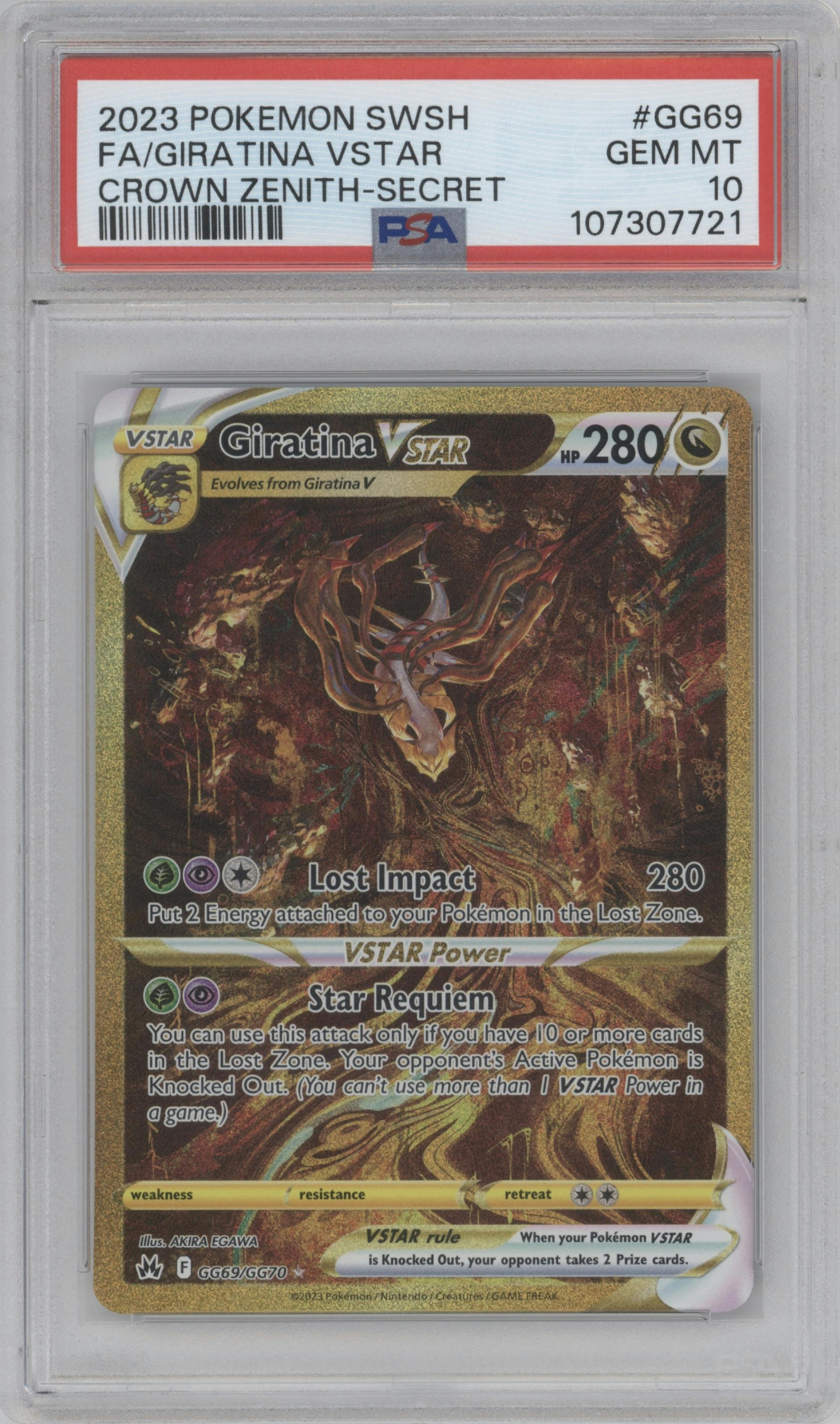 Giratina VSTAR from the 2023 Pokemon SWSH set graded by PSA and given an overall grade of 10.