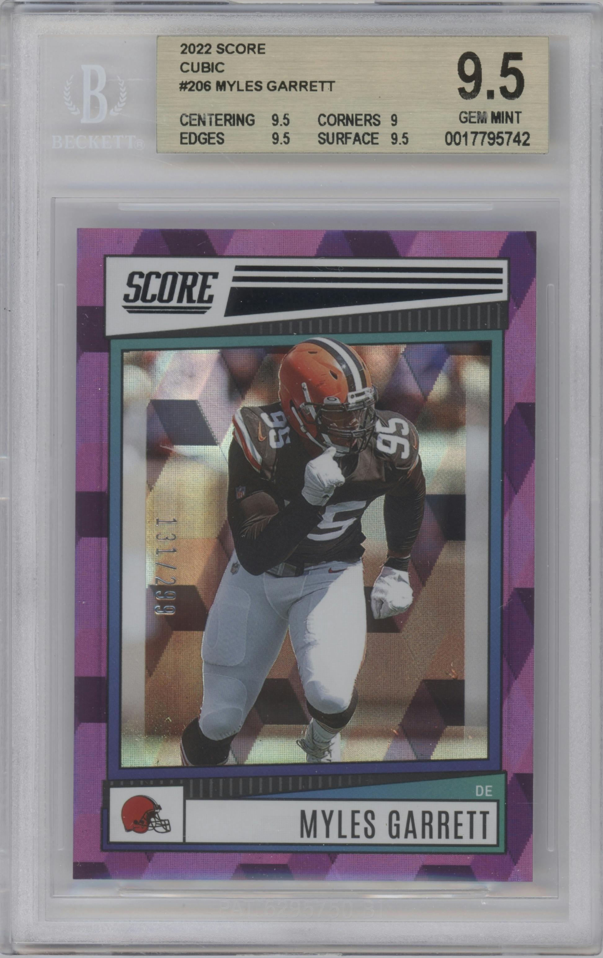 Myles Garrett from the 2022 Panini Score set featuring a Cubic parallel graded by Beckett and given an overall grade of 9.5.