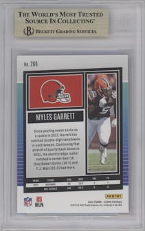 Myles Garrett from the 2022 Panini Score set featuring a Cubic parallel graded by Beckett and given an overall grade of 9.5.