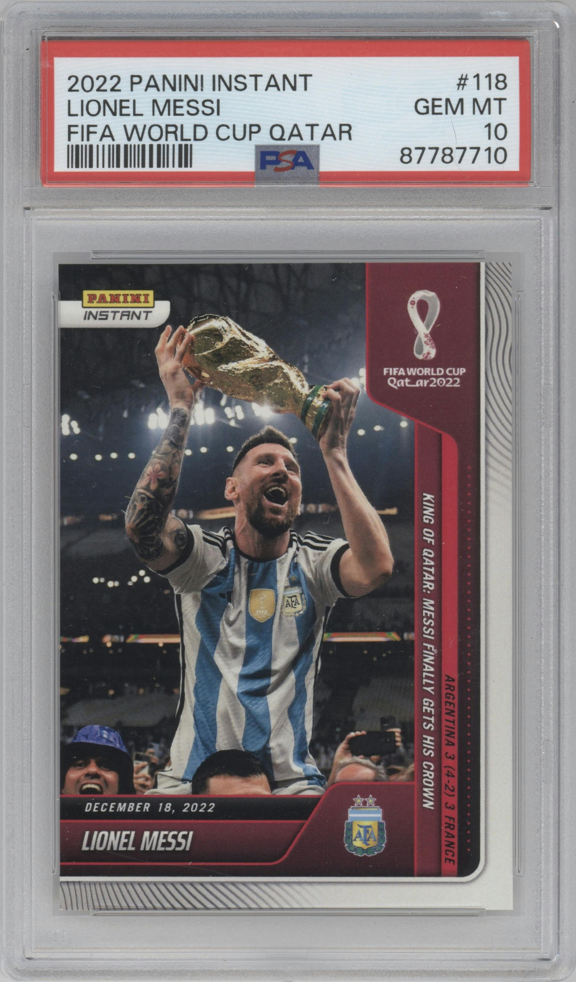 Lionel Messi from the 2022 Panini Instant FIFA World Cup Qatar set graded by PSA and given an overall grade of 10.