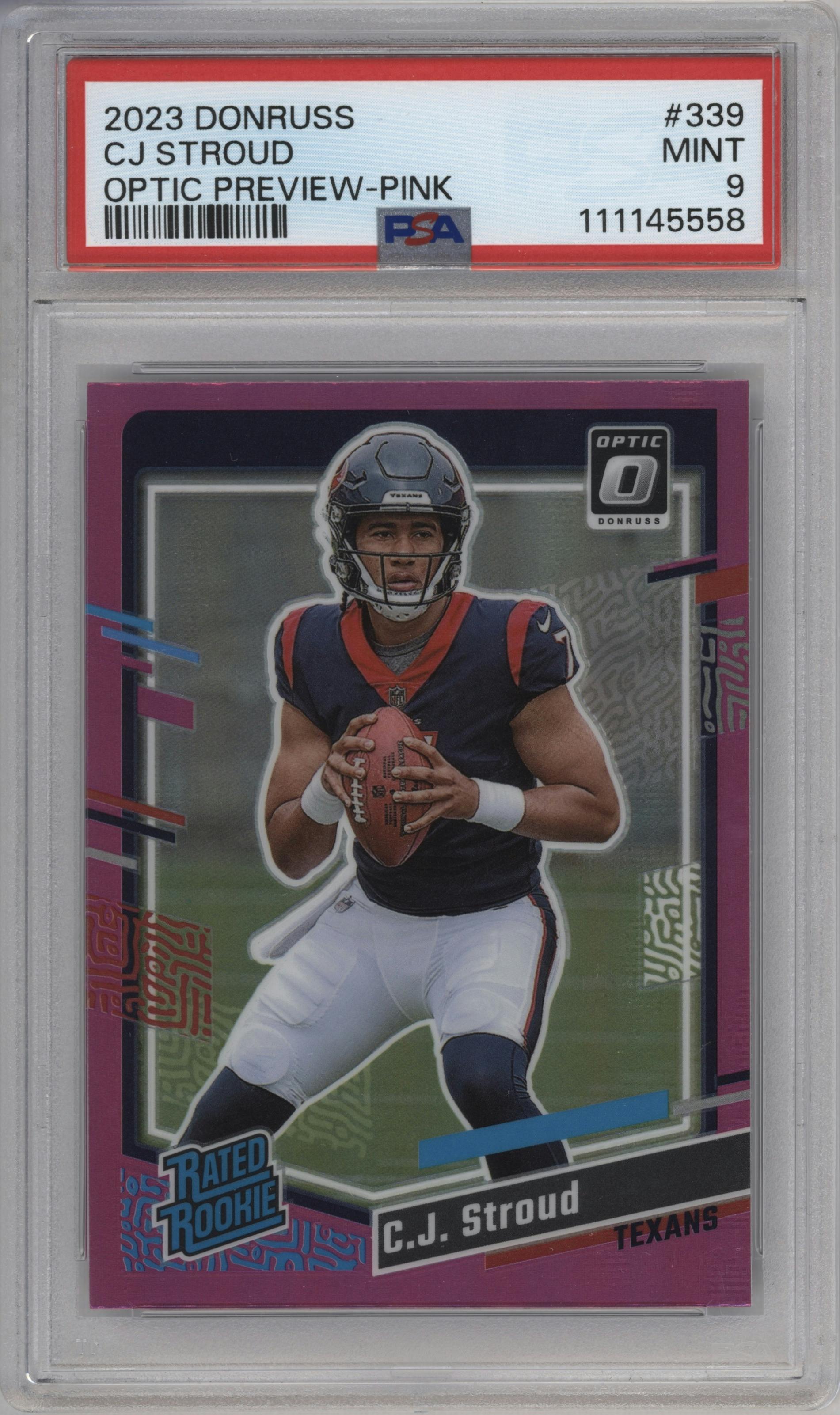 C.J. Stroud from the 2023 Panini Donruss set featuring a Pink parallel graded by PSA and given an overall grade of 9.