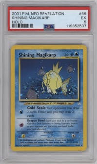 Shining Magikarp from the 2001 Pokemon Neo Genesis set graded by PSA and given an overall grade of 5.