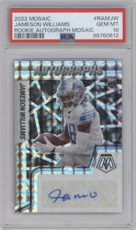 Jameson Williams from the 2022 Panini Mosaic set graded by PSA and given an overall grade of 10.