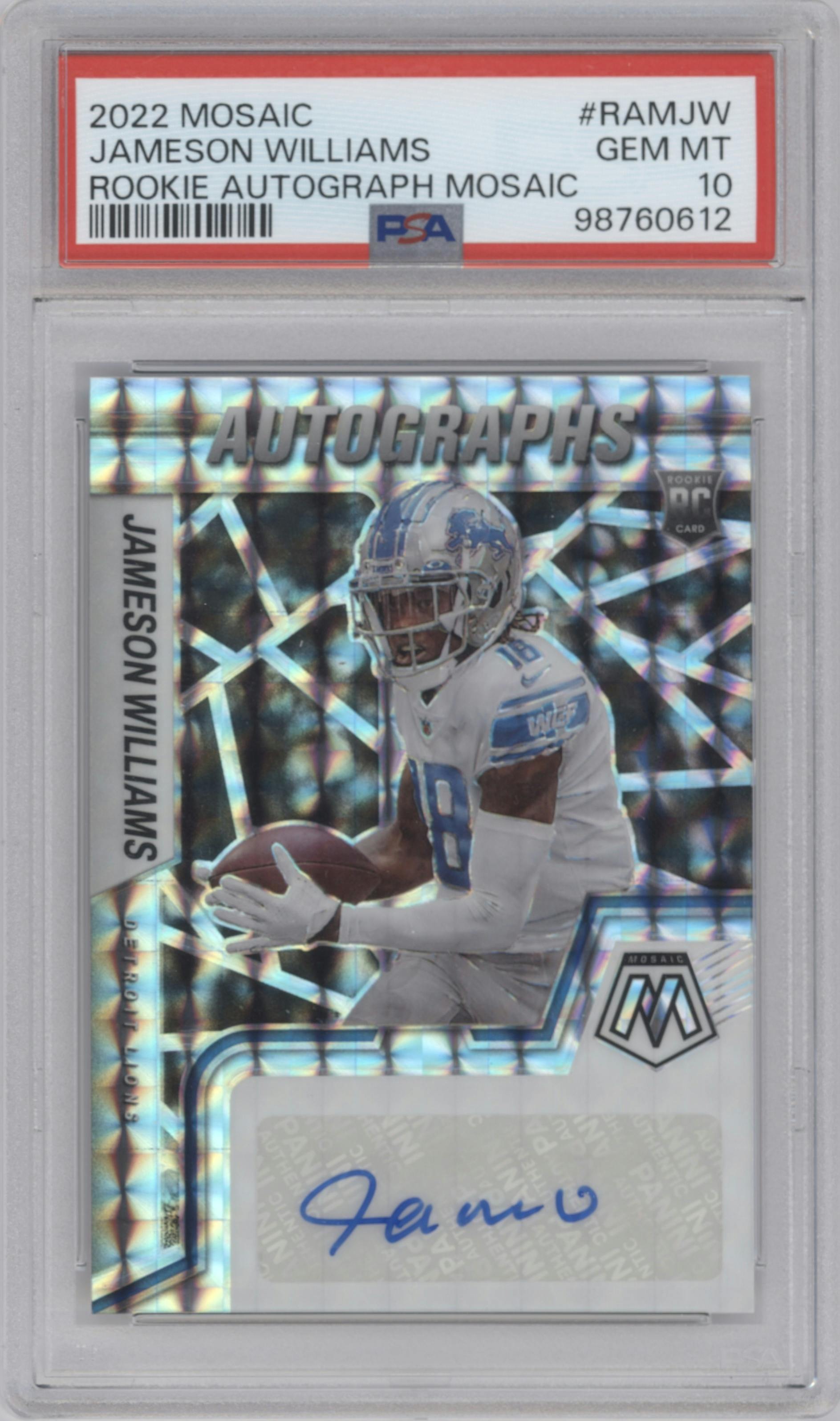 Jameson Williams from the 2022 Panini Mosaic set graded by PSA and given an overall grade of 10.