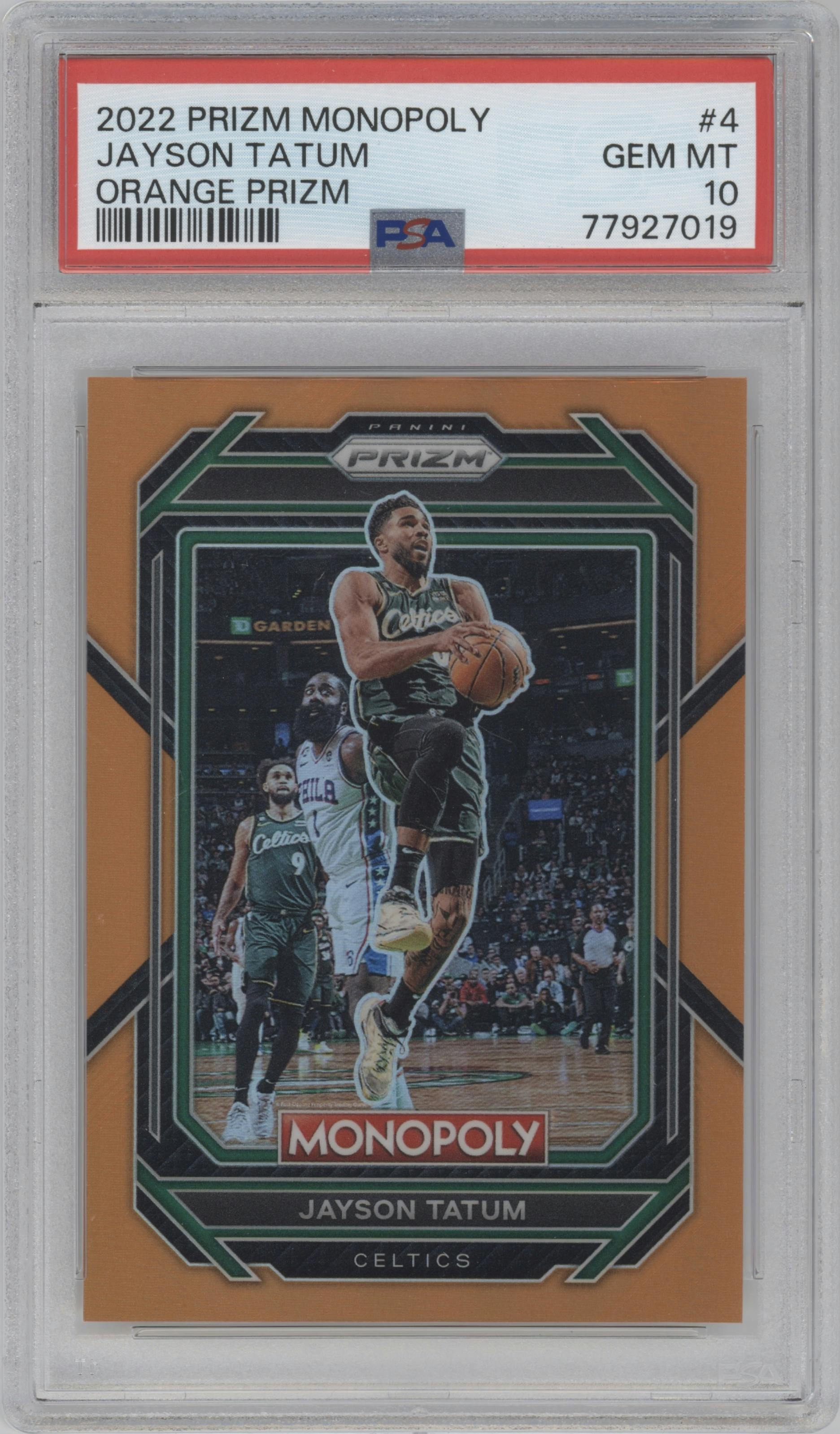 Jayson Tatum from the 2022-23 Panini Prizm Monopoly set featuring a Orange Prizm parallel graded by PSA and given an overall grade of 10.