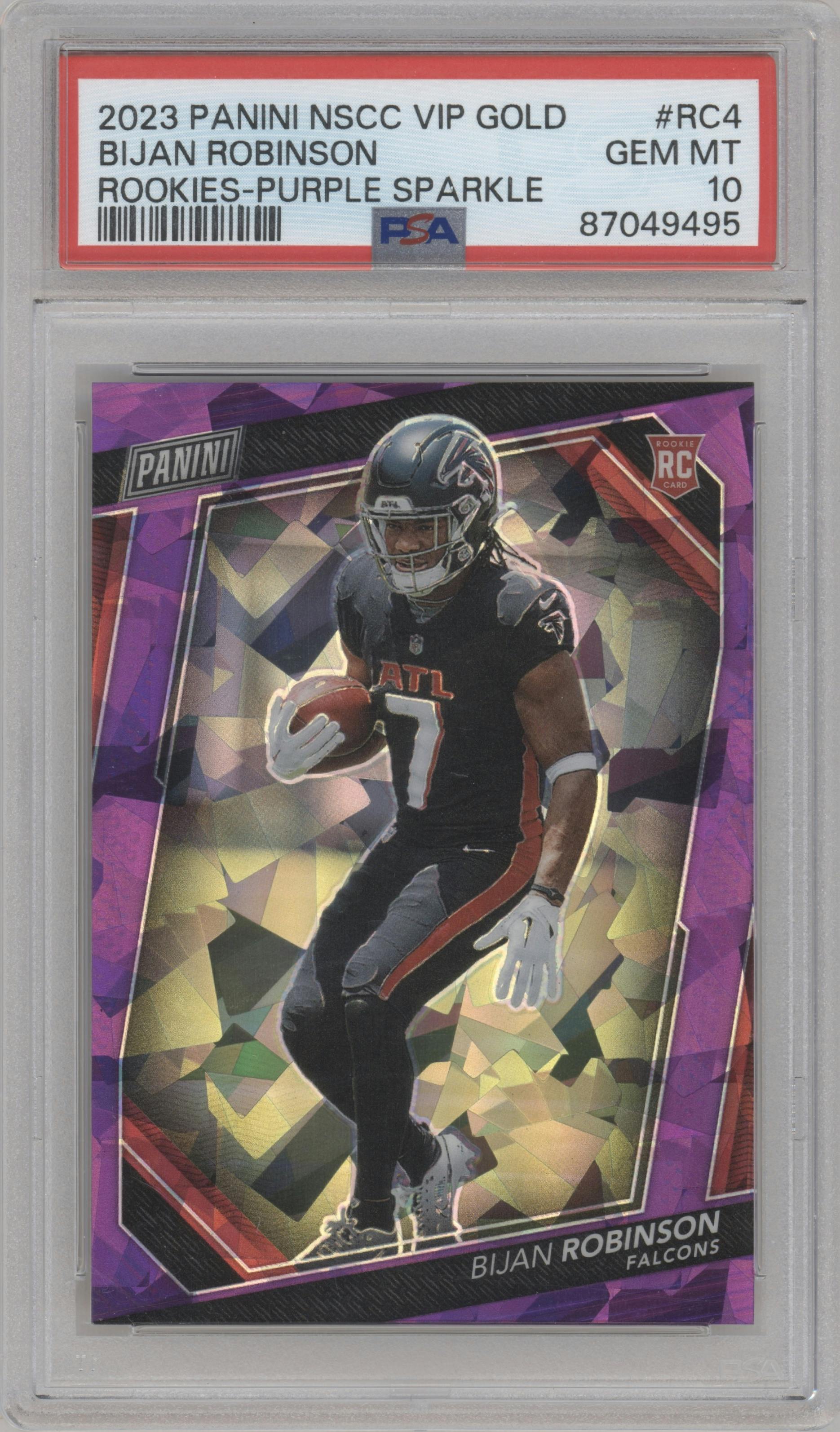 Bijan Robinson from the 2023 Panini The National VIP set featuring a Purple Sparkle parallel graded by PSA and given an overall grade of 10.
