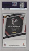 Bijan Robinson from the 2023 Panini The National VIP set featuring a Purple Sparkle parallel graded by PSA and given an overall grade of 10.