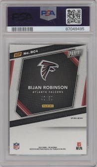 Bijan Robinson from the 2023 Panini The National VIP set featuring a Purple Sparkle parallel graded by PSA and given an overall grade of 10.