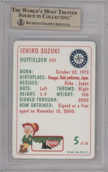 Ichiro Suzuki from the 2001 Keebler set graded by Beckett and given an overall grade of 9.5.
