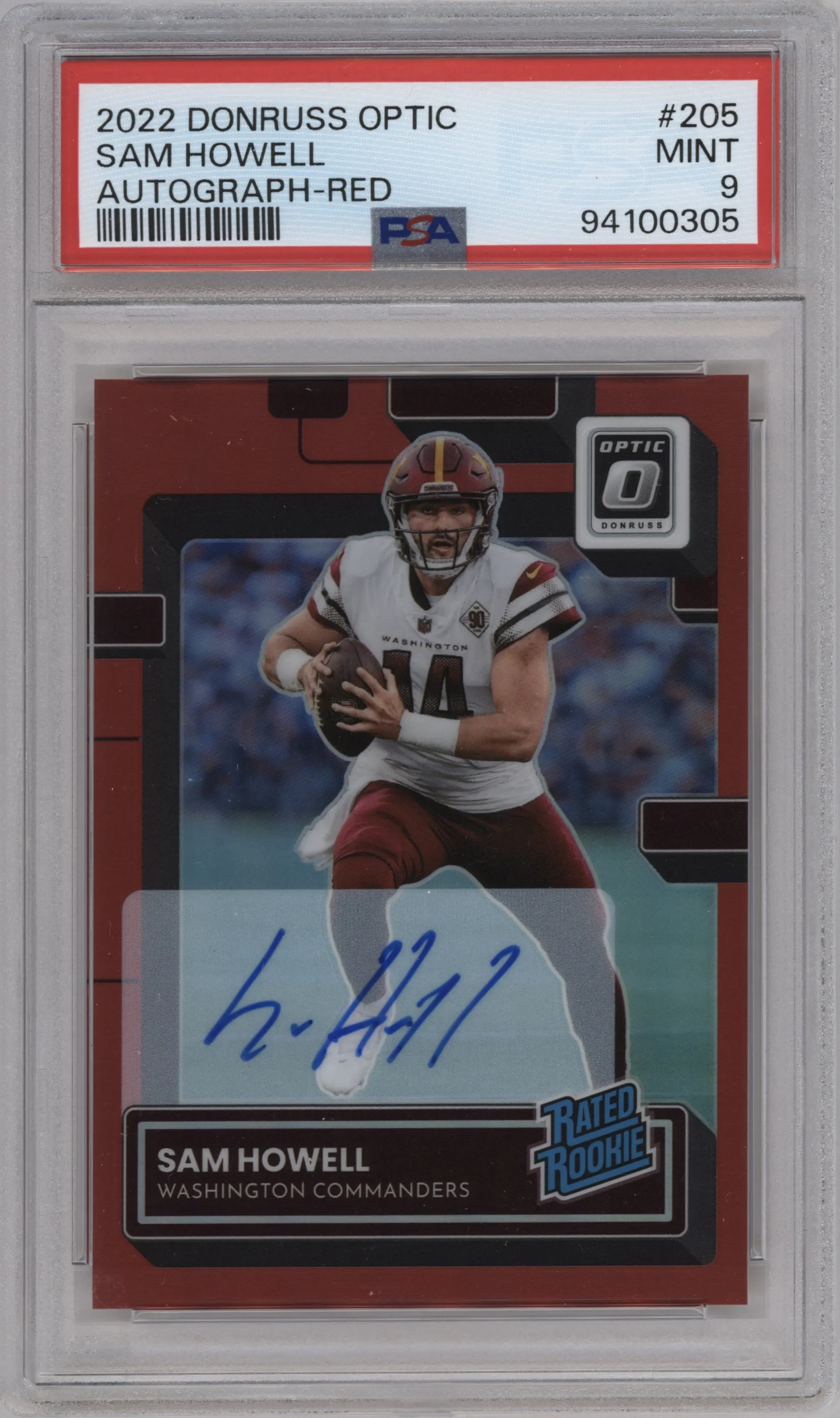 2022 Panini Donruss Optic Rtd.Rke.Auto Sam Howell Red PSA 9