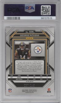 George Pickens from the 2022 Panini Prizm set featuring a Red Wave parallel graded by PSA and given an overall grade of 10.