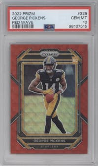 George Pickens from the 2022 Panini Prizm set featuring a Red Wave parallel graded by PSA and given an overall grade of 10.