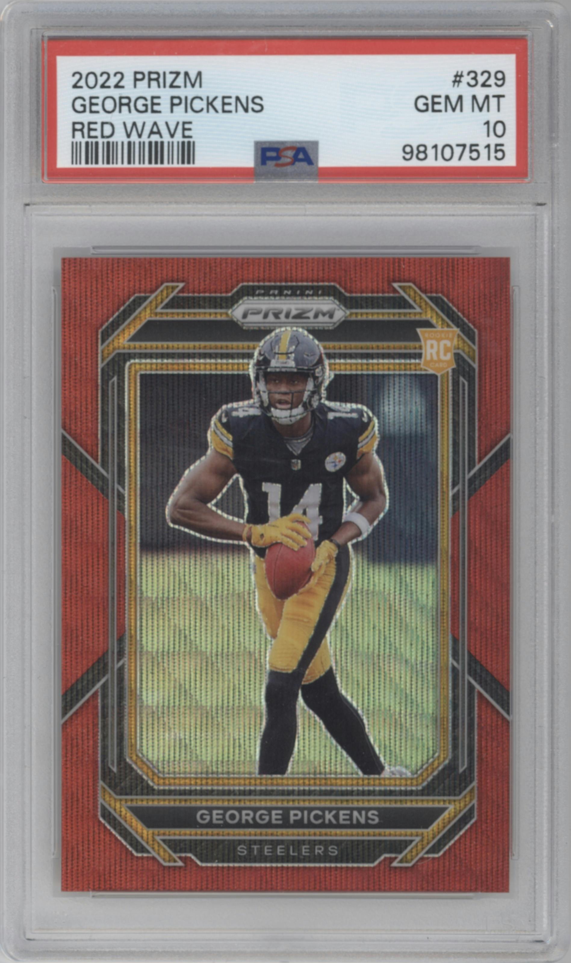 George Pickens from the 2022 Panini Prizm set featuring a Red Wave parallel graded by PSA and given an overall grade of 10.
