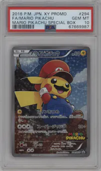 Mario Pikachu from the 2016 Pokemon XY JPN set featuring a Mario Pikachu Special Box parallel graded by PSA and given an overall grade of 10.