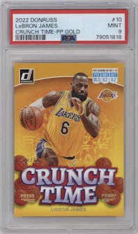 LeBron James from the 2022-23 Panini Donruss set featuring a Gold Press Proof parallel graded by PSA and given an overall grade of 9.