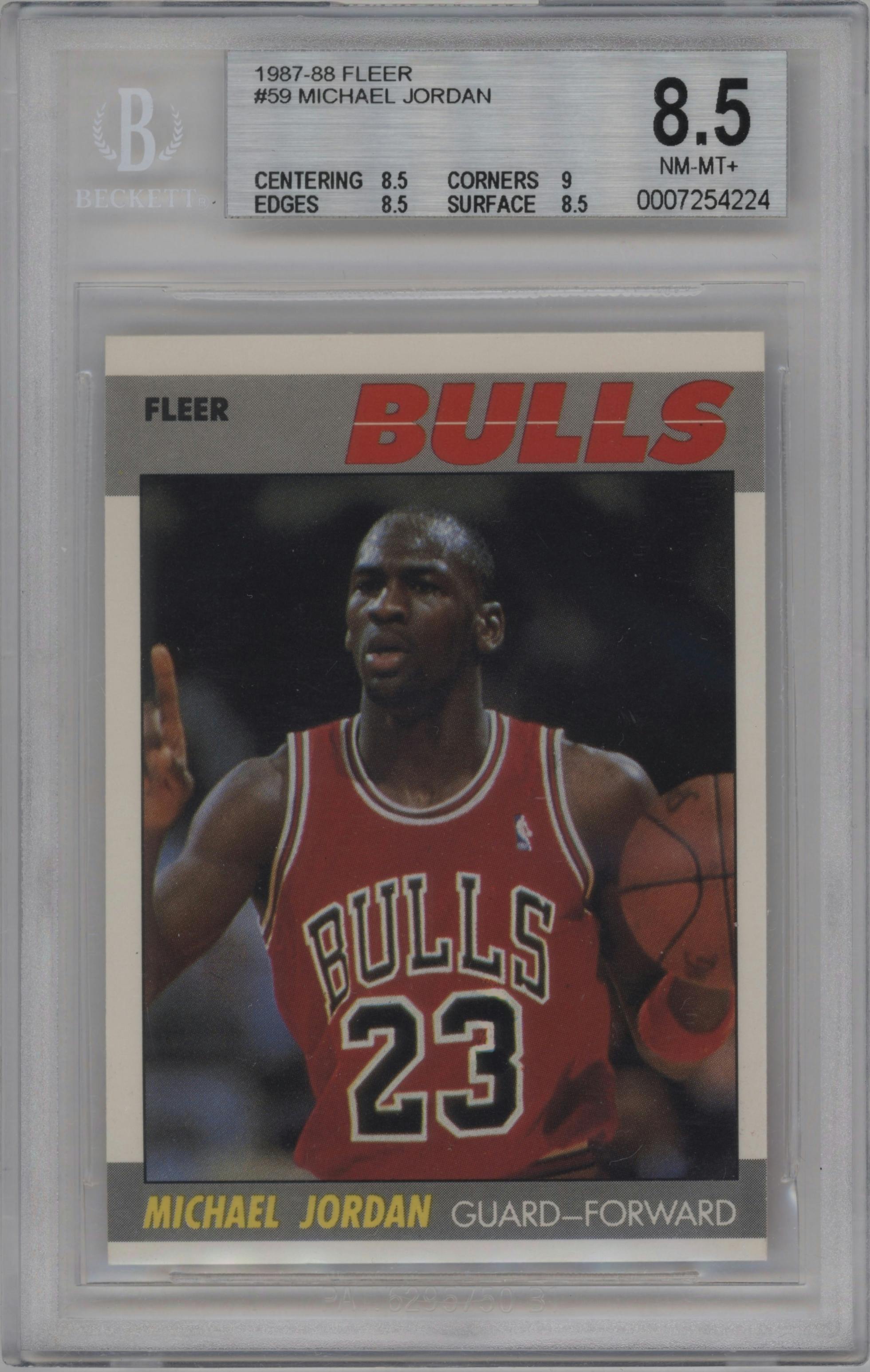 Michael Jordan from the 1987-88 Fleer set graded by Beckett and given an overall grade of 8.5.