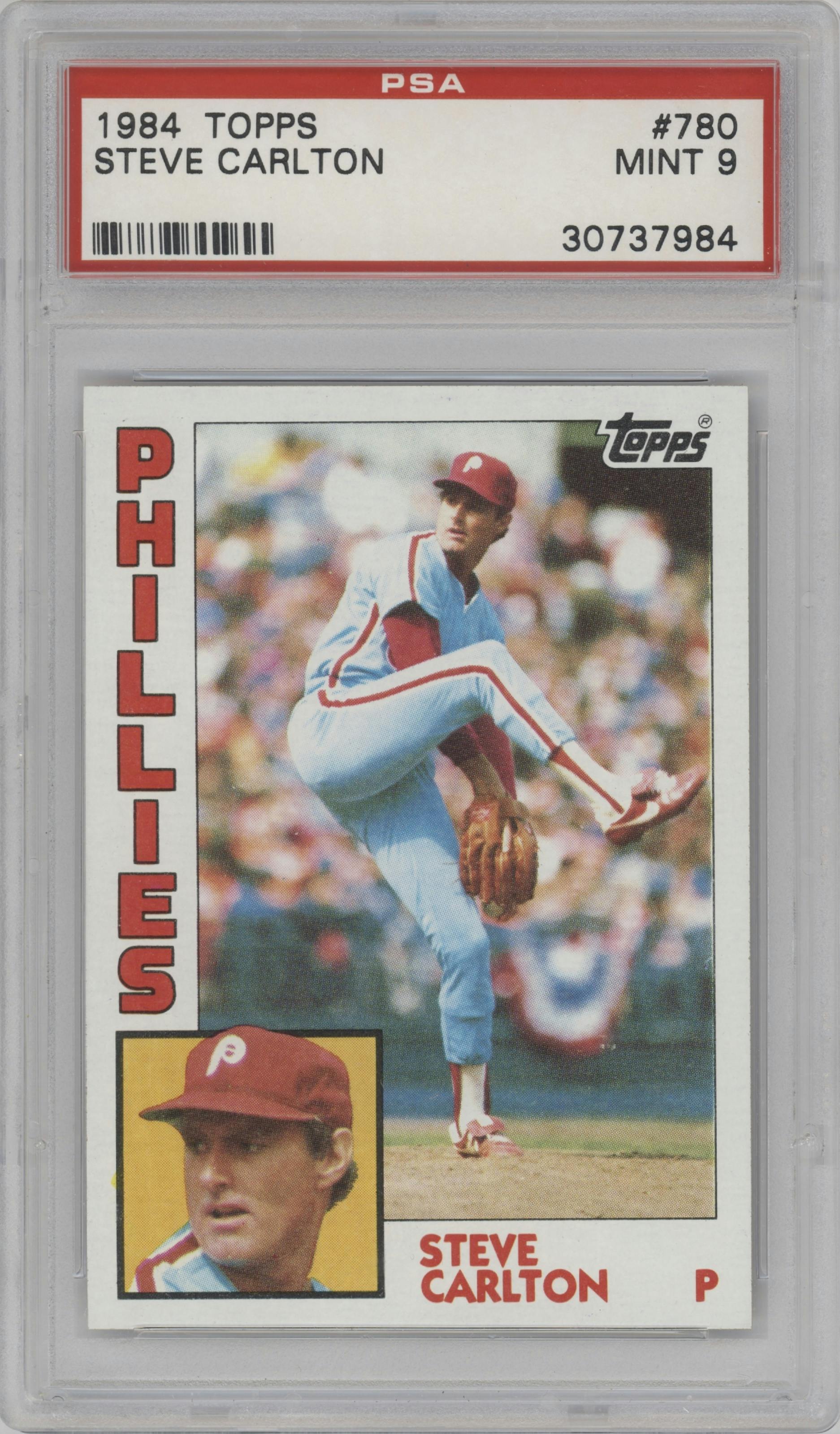 Steve Carlton from the 1984 Topps set graded by PSA and given an overall grade of 9.