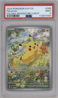 Pikachu from the 2024 Pokemon SV set featuring a Paldea Adventure Chest parallel graded by PSA and given an overall grade of 9.