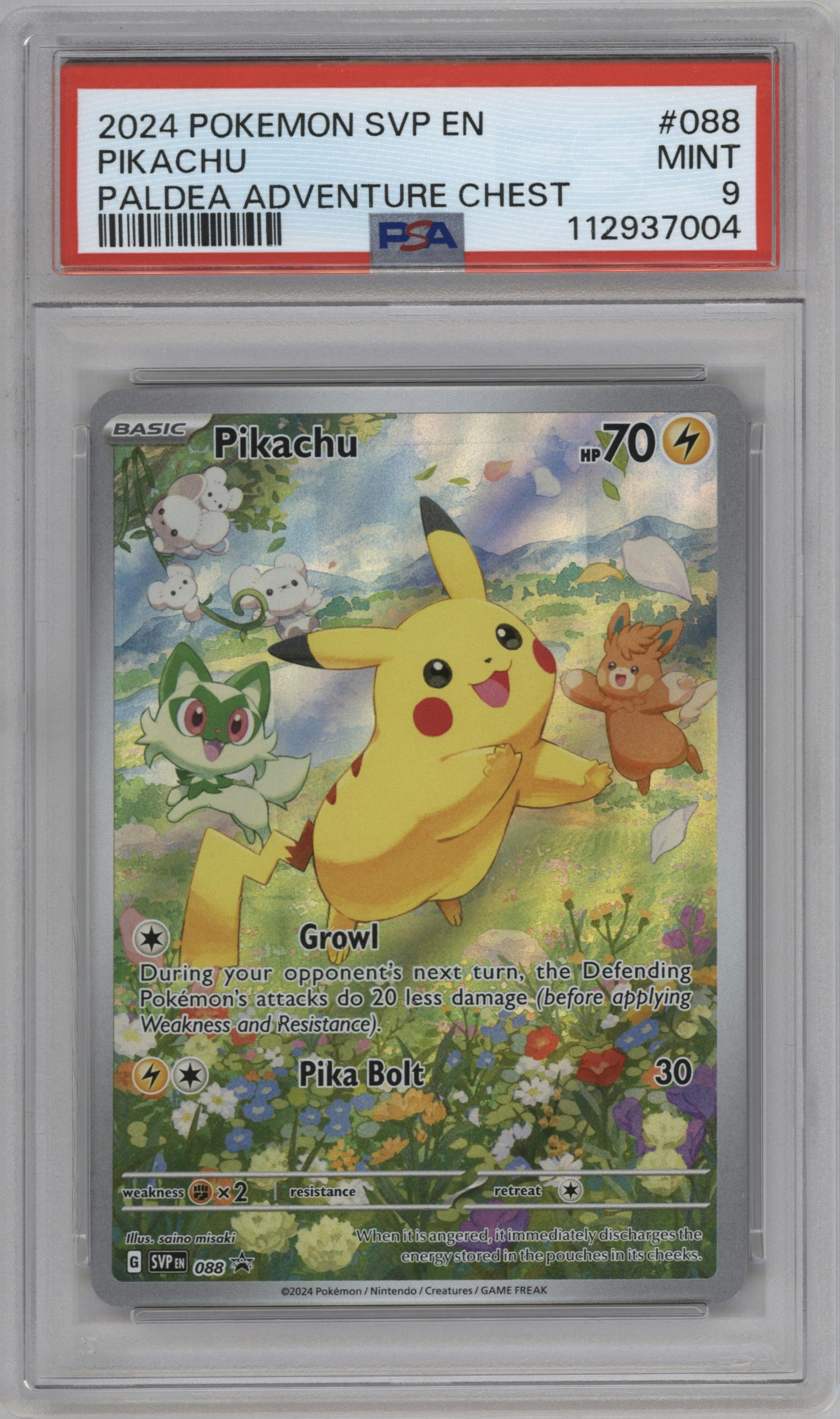 Pikachu from the 2024 Pokemon SV set featuring a Paldea Adventure Chest parallel graded by PSA and given an overall grade of 9.
