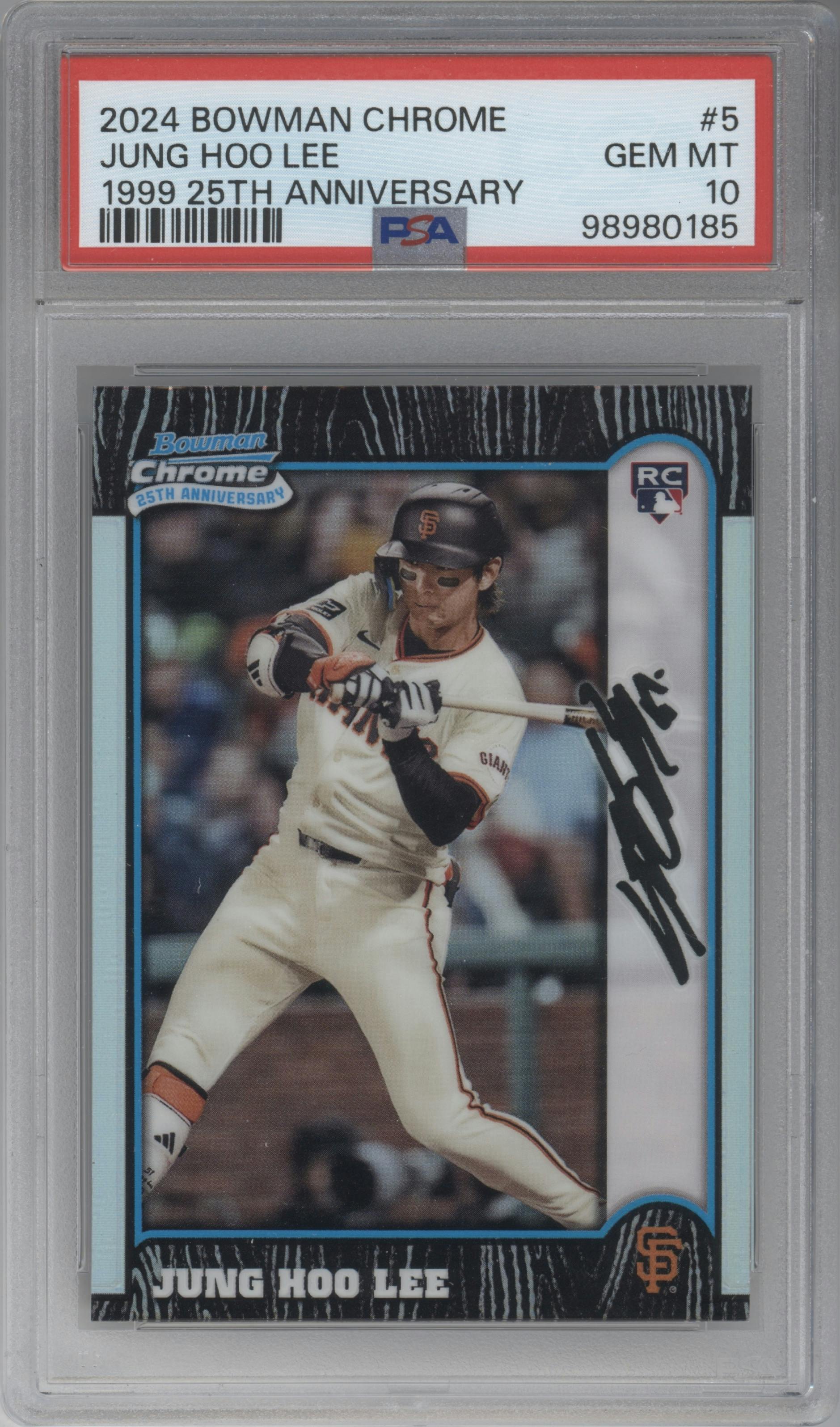 Jung Hoo Lee from the 2024 Bowman Chrome set graded by PSA and given an overall grade of 10.