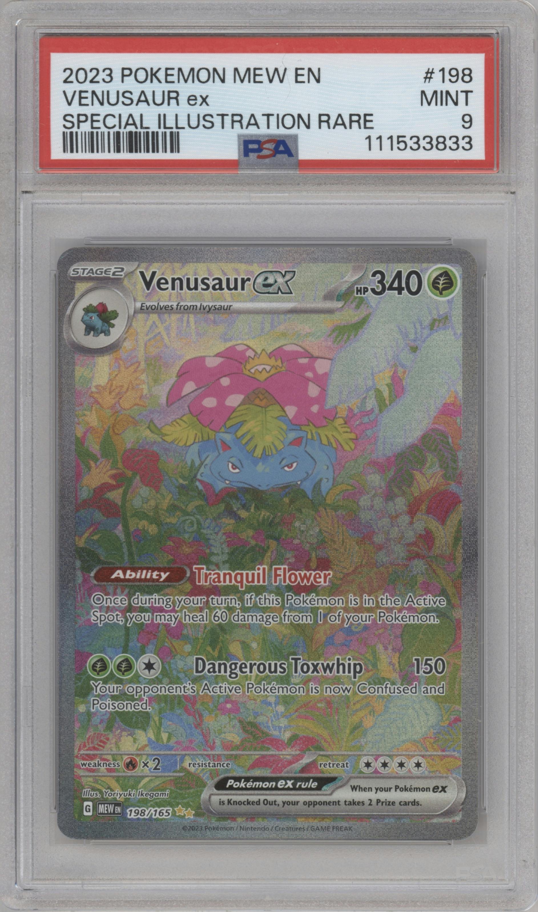 Venusaur ex from the 2023 Pokemon SV set graded by PSA and given an overall grade of 9.