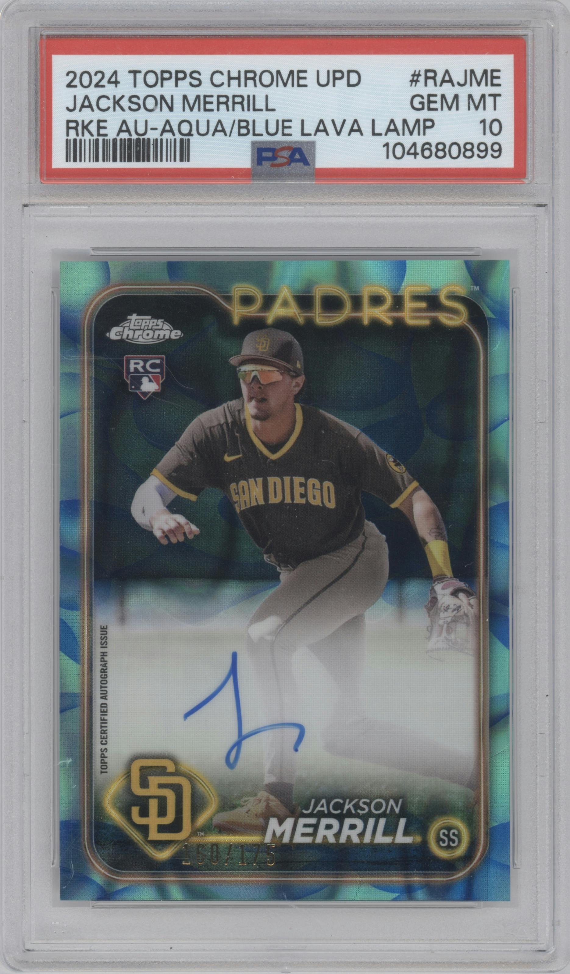 Jackson Merrill from the 2024 Topps Chrome Update set featuring a Lava Lamp Aqua / Blue Refractors parallel graded by PSA and given an overall grade of 10.