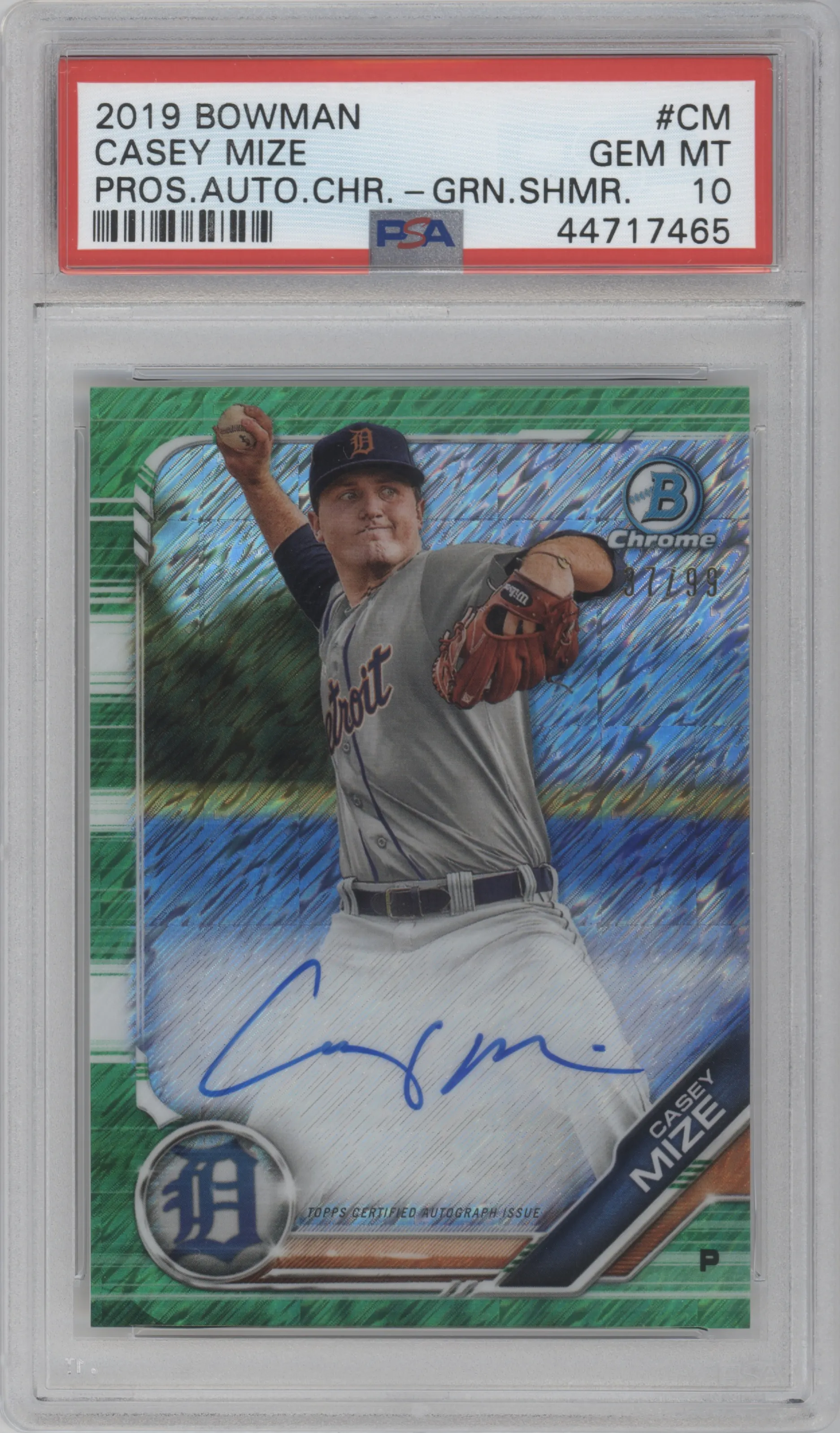 2019 Bowman Chr.Pros.Auto Casey Mize Green Shimmer Refractor PSA 10