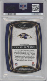 Lamar Jackson from the 2020 Panini Select set featuring a Die-Cut Zebra parallel graded by PSA and given an overall grade of 9.